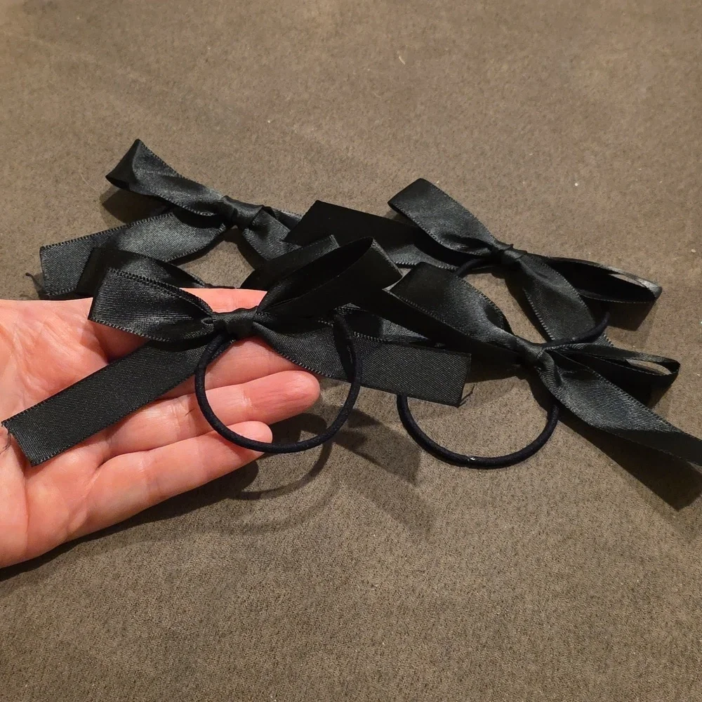 New! Coquette Black Satin Ribbon Bow Hair Ties Multipack 5 Pc